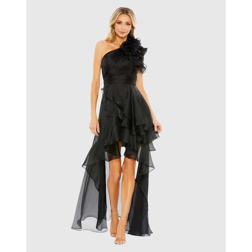 NWT MAC DUGGAL Black One Shoulder Ruffle Hi-Low Gown Sz 14